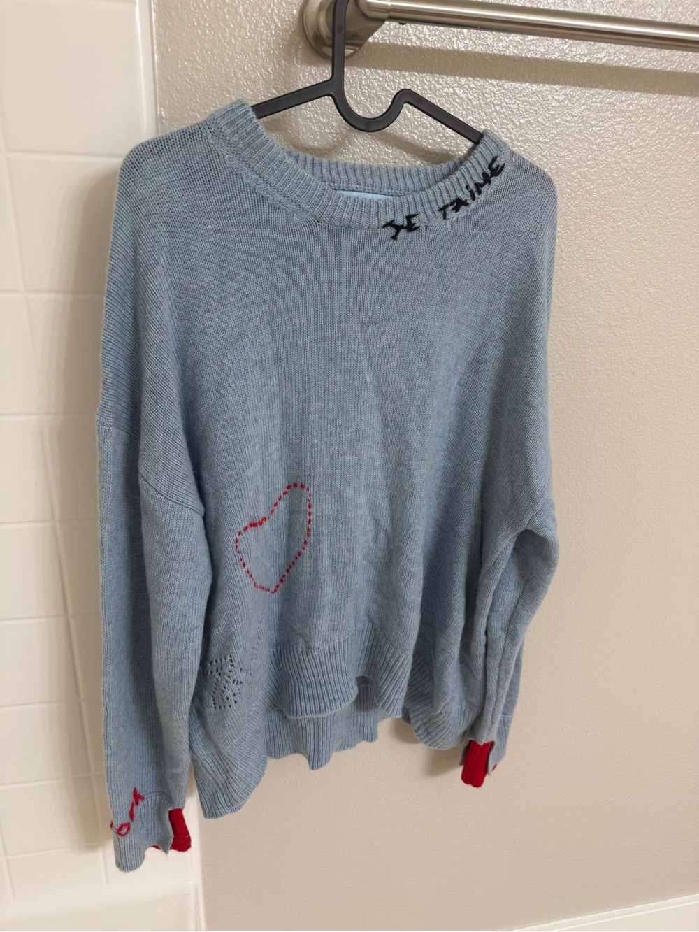 Zadig & Voltaire Light Blue Knit Sweater with Red Heart and Cuff Details